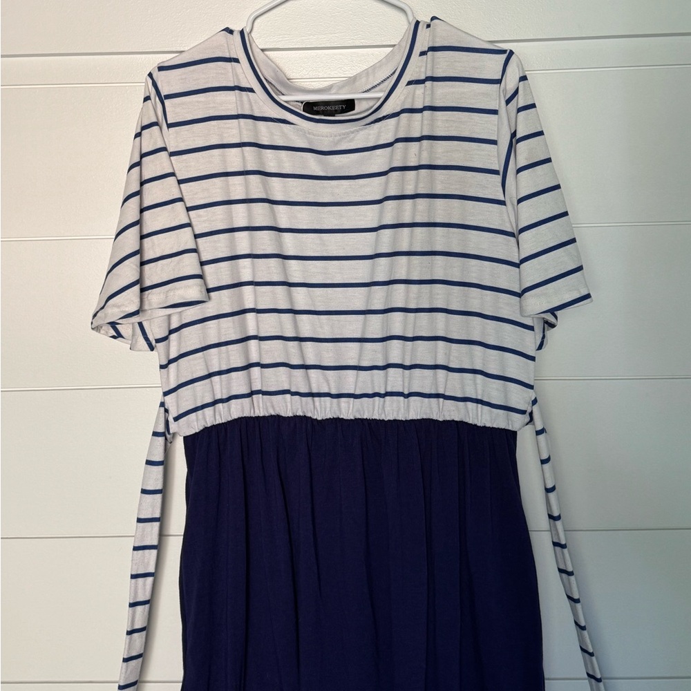 Merokeety Striped Navy and White Dress w/ Pockets, Women’s XL - Picture 2 of 5